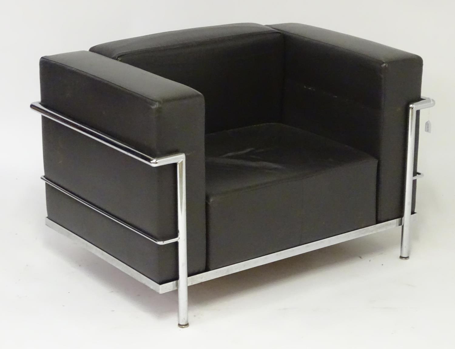 A pair of Le Corbusier LC3 chairs with leather backrests, seats, arms and chromed frames. 39" wide x - Bild 3 aus 10