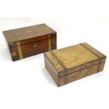 A 19thC walnut writing box with marquetry inlay. Together with a brass bound Victorian writing slope