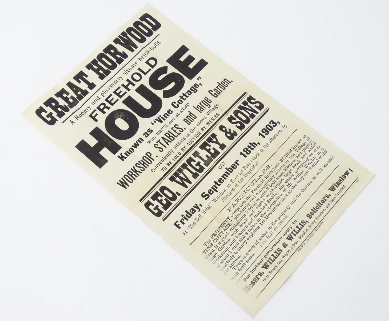 Buckinghamshire local interest : an Edwardian auction poster, ' Great Horwood, a freehold house - Bild 2 aus 5