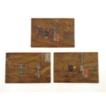 Three Oriental wooden panels with hand painted scenes depicting, a terrace scene with figures and