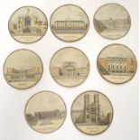 A collection of eight polychrome roundel prints depicting London architecture: Westminster Abbey,