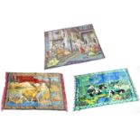 Three large vintage wall hanging tapestries comprising Canadian moose with calf in a river