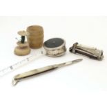 Four assorted Victorian and later items to include a treen thread box of barrel form, a silver