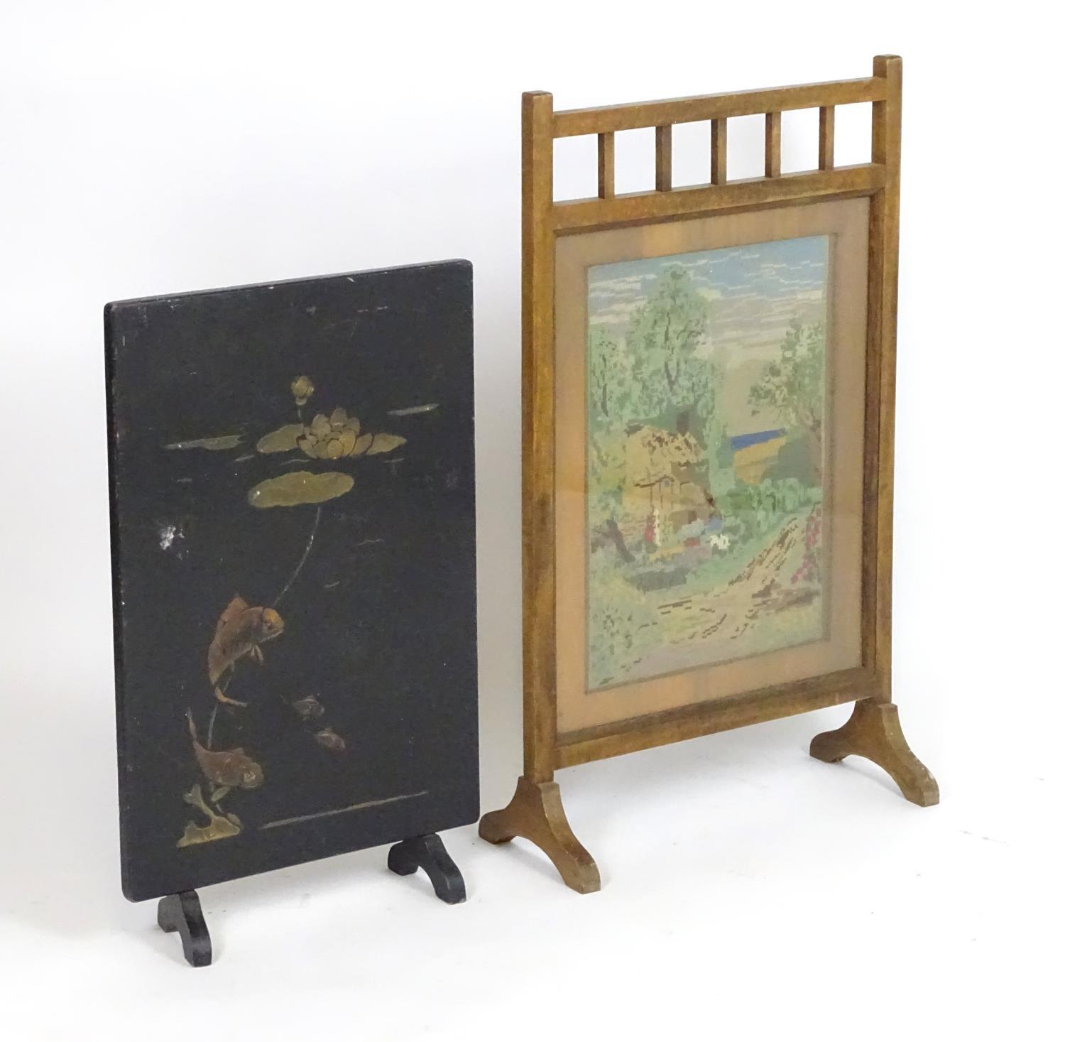 An early 20thC oak fire screen with inset & glazed tapestry decoration, together with a Japanese - Bild 4 aus 5