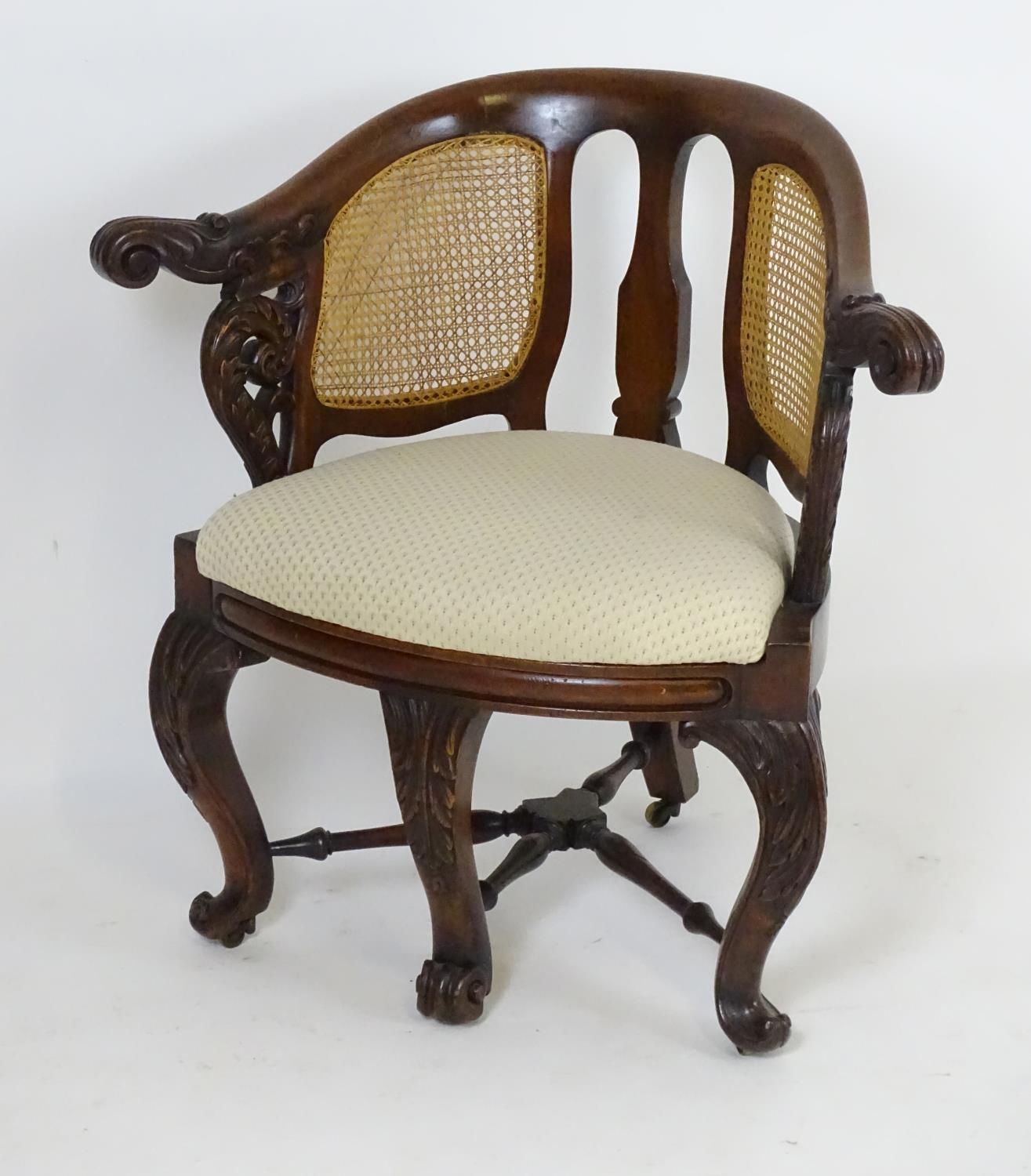 A 19thC mahogany Bürgermeister chairs with scrolled carved arms, double caned backrests and having - Bild 6 aus 6