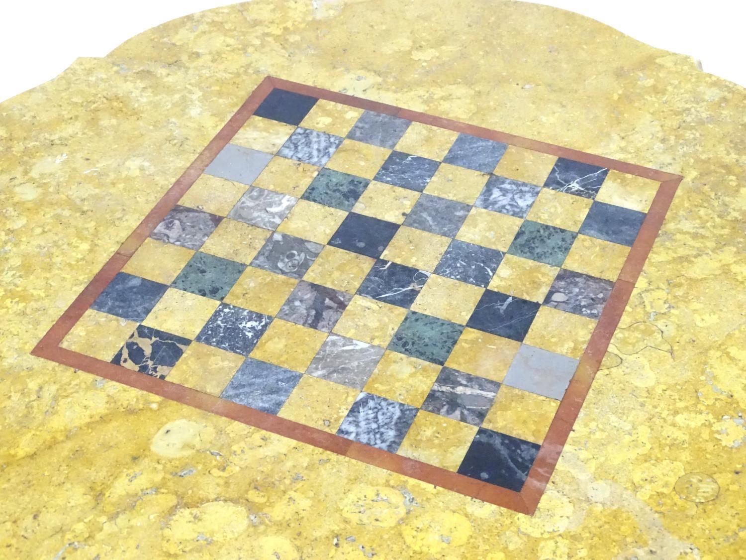 A Victorian marble top table with a shaped top and games board to centre, the bottom having a - Bild 6 aus 7