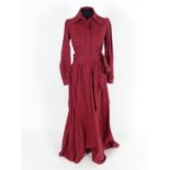 A vintage full length, prairie style Laura Ashley dress, c1970's, deep red with a black print