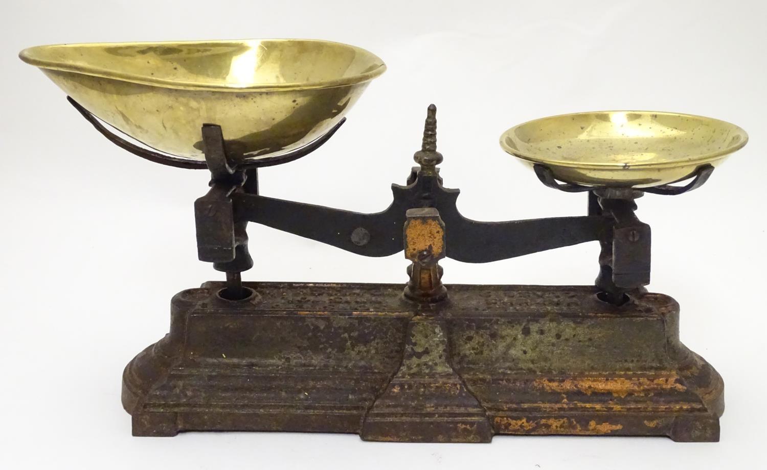 Shop balance scales by Parnall & Sons Ltd. with brass trays and associated weights. Please Note - we - Image 2 of 19