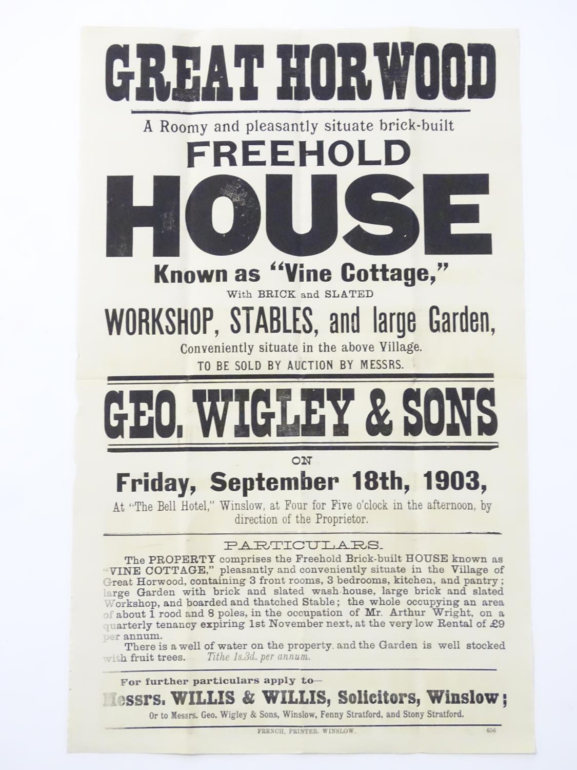 Buckinghamshire local interest : an Edwardian auction poster, ' Great Horwood, a freehold house