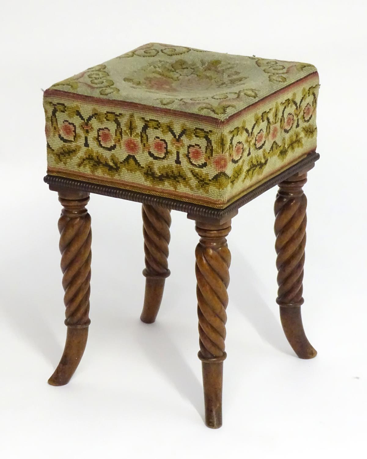 A Regency mahogany stool with a needlework squared top above four rope twist legs terminating in - Bild 5 aus 5