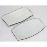 Two Art Deco style six sided bevel edged mirrors , wood mounted and fitted with metal link hanging