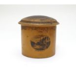 A 19thC Mauchline ware treen pot / container with a domed lid decorated with a view of Cemetery