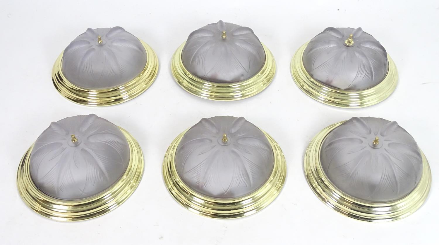 A set of 6 late 20thC ceiling lights of circular form with frosted glass shades. Approx 15" diameter