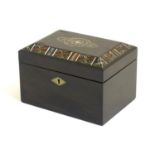 A Victorian tea caddy with a decorative border and motif with painted detail and inlaid abalone,