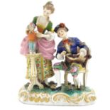 A Continental porcelain figural group depicting a seated man playing a musical instrument and a lady