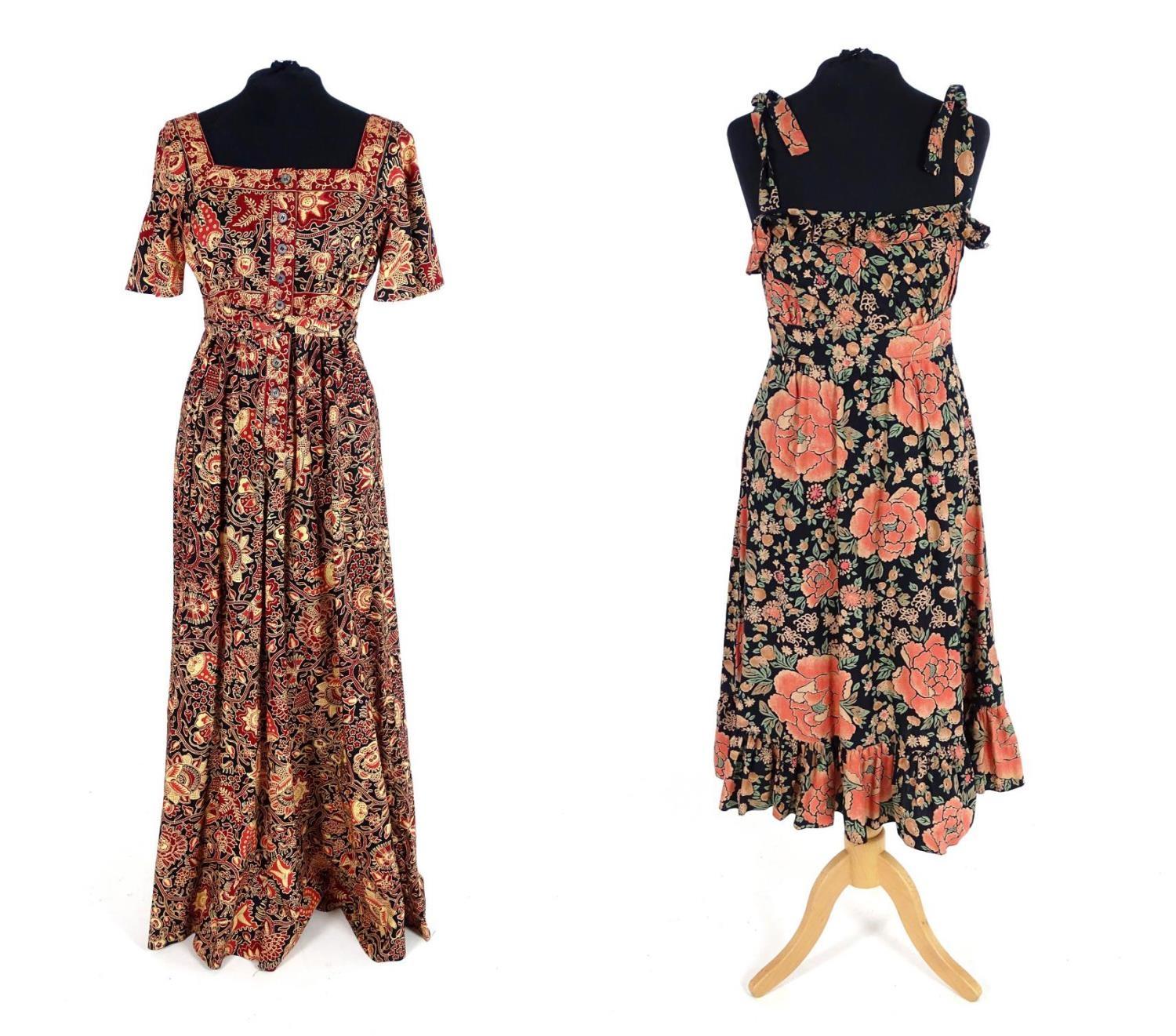 Two vintage dresses, c 1980's, from Clothes by Samuel Sherman. A cotton knee length patterned summer