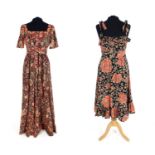 Two vintage dresses, c 1980's, from Clothes by Samuel Sherman. A cotton knee length patterned summer