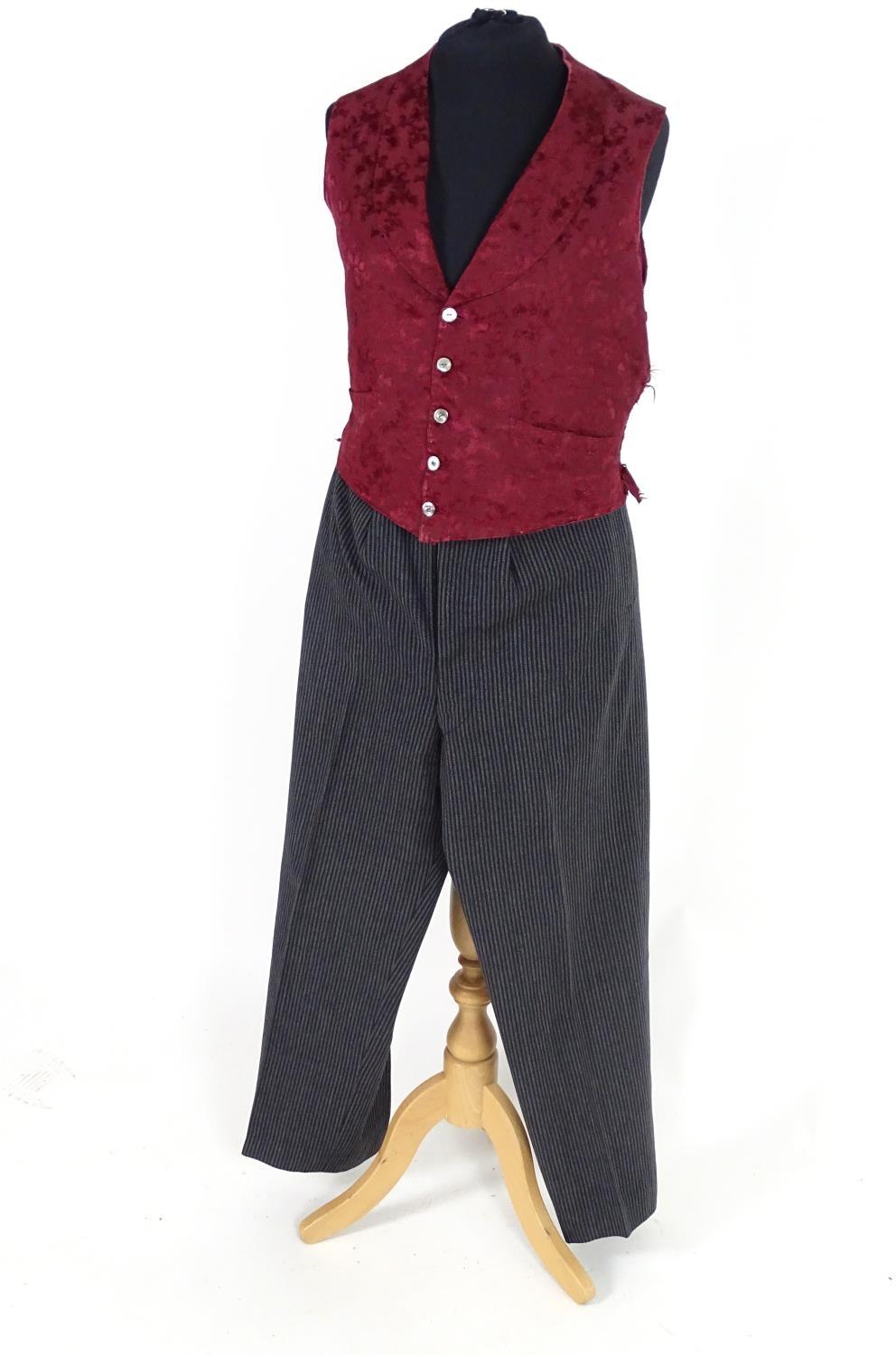 Vintage bespoke mens striped formal trousers with burgundy silk patterned waistcoat . Chest size 36" - Image 3 of 8