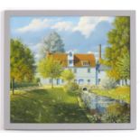 L. Burrows, XX, Oil on board, Mill Near Wixoe, A mill house and garden with a stream. Signed lower