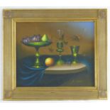 K. Cotton, XX, Oil on canvas, A still life study of vases and a comport with fruit on a table.