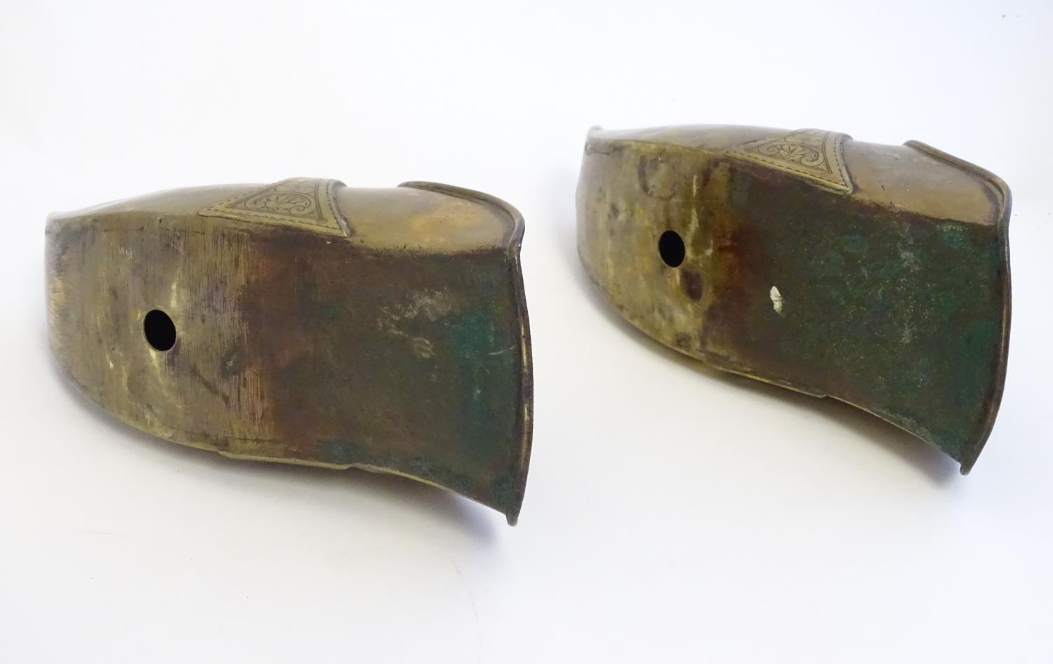 A pair of 19thC South American brass horse riding stirrup shoes with engraved decoration. Approx. - Image 2 of 5
