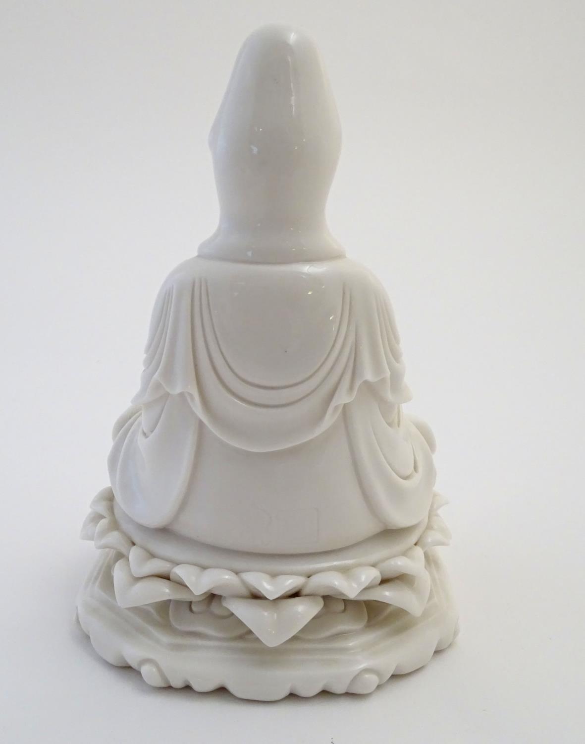 A Chinese blanc de chine figure depicting Guanyin seated on a lotus flower base. Approx. 7 1/2" high - Image 8 of 16