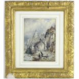Manner of Samuel Prout, XIX, A coastal view with fisherman by the edge of buildings. Approx. 11 1/