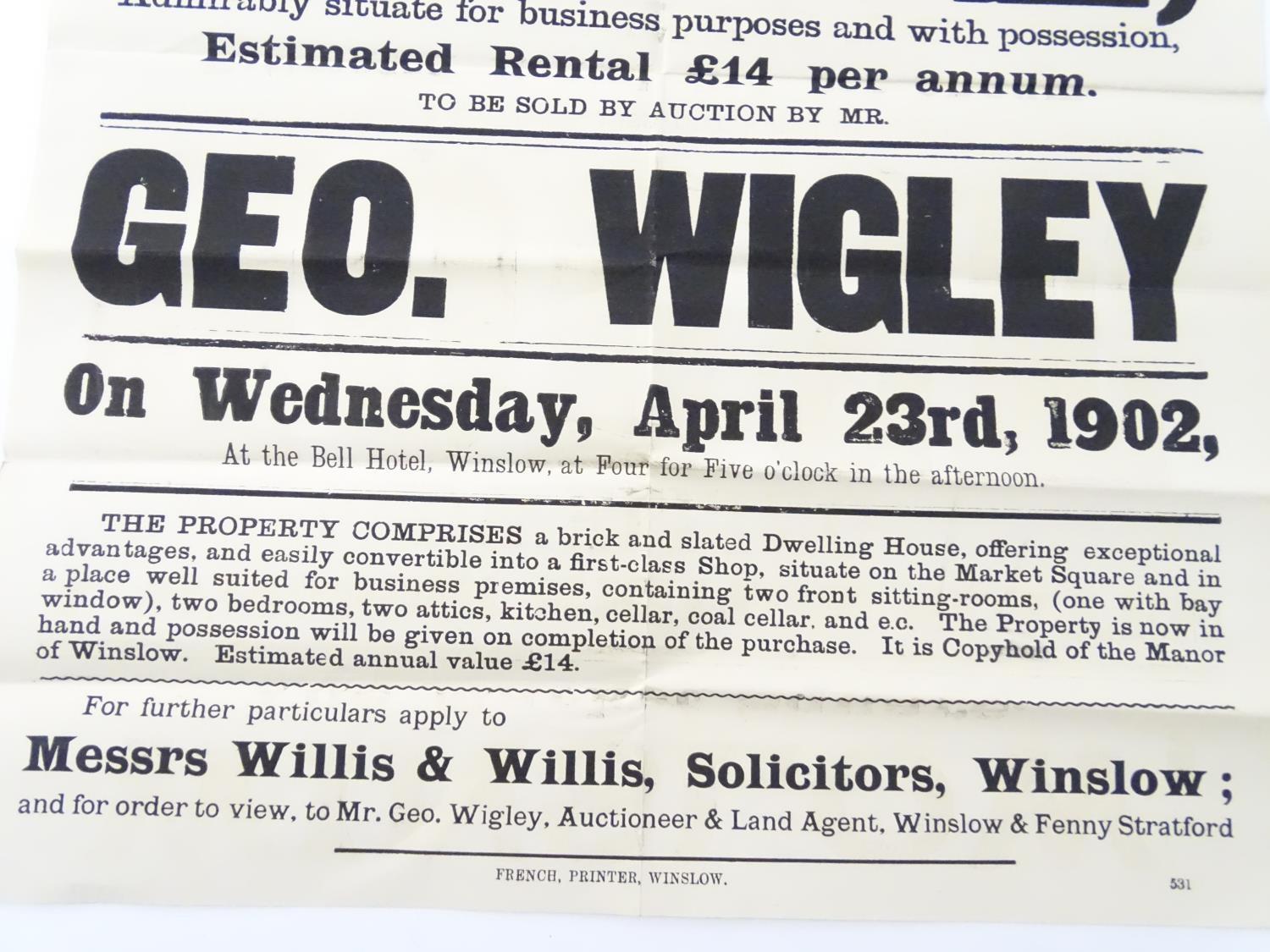 Buckinghamshire local interest : an Edwardian auction poster, ' Winslow, The Market Square... - Bild 6 aus 6