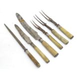Six Victorian antler handled carving forks & knives, five having silver collars, hallmarked