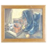 M. Sowden, XX, English School, Oil on board, A still life study with boots, onions, plant pots