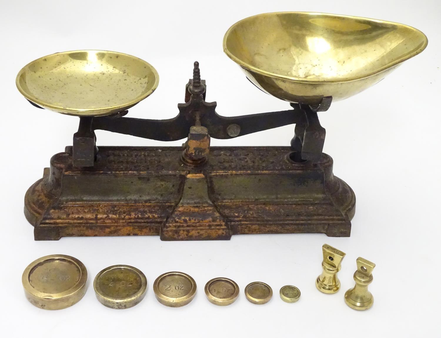 Shop balance scales by Parnall & Sons Ltd. with brass trays and associated weights. Please Note - we