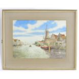L. J. Lake, XX, Watercolour, Holland Waterways, A canal scene with boats and windmills. Signed lower