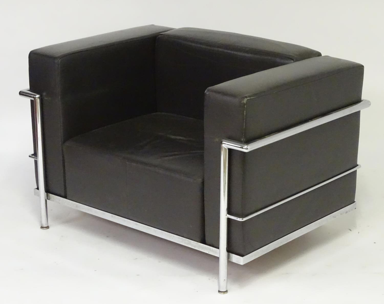 A pair of Le Corbusier LC3 chairs with leather backrests, seats, arms and chromed frames. 39" wide x - Bild 10 aus 10