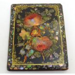 A Victorian papier mache aide de memoir case decorated with flowers, roses and foliage with inlaid