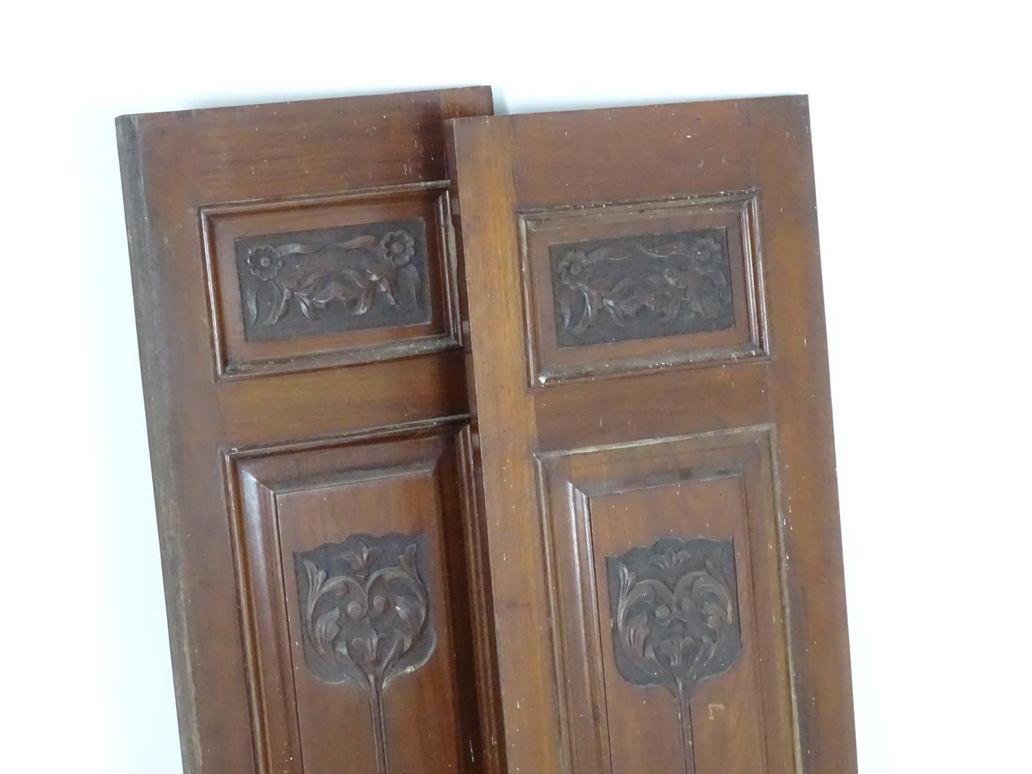 A pair of early 20thC mahogany panels with carved Art Nouveau decoration. 13" wide x 55" high. - Image 3 of 5