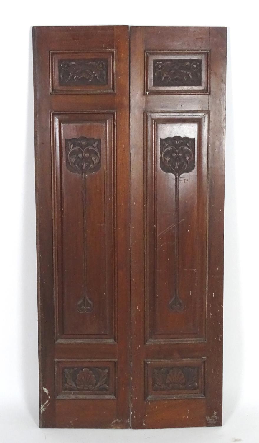 A pair of early 20thC mahogany panels with carved Art Nouveau decoration. 13" wide x 55" high. - Image 2 of 5