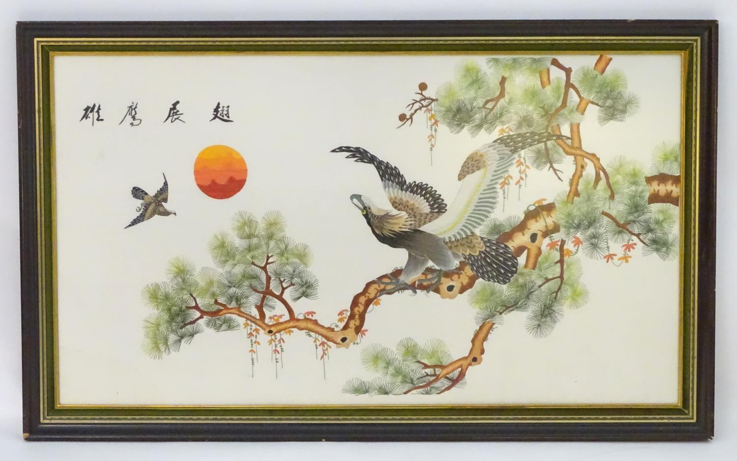 Chinese School, XX, Embroidery on silk, A stylised sunset landscape with an eagle in flight and an - Image 3 of 6