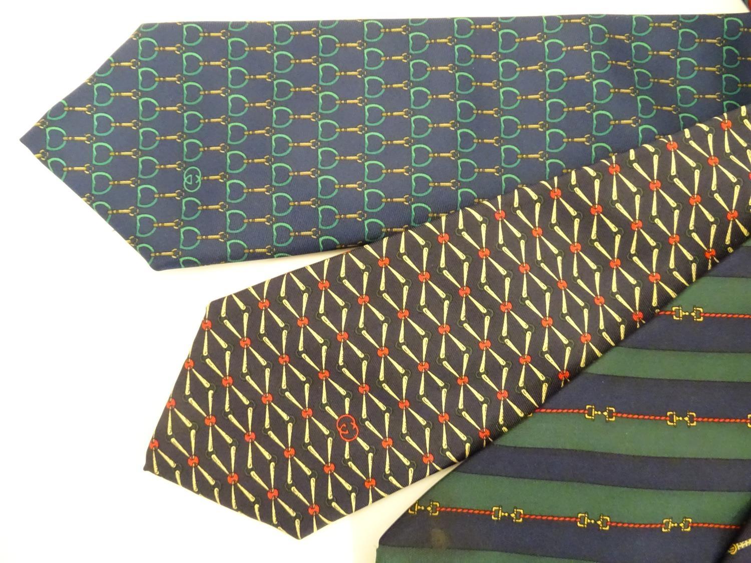 4 Gucci silk ties, various designs in greens, black and blues (4) Please Note - we do not make - Image 3 of 7