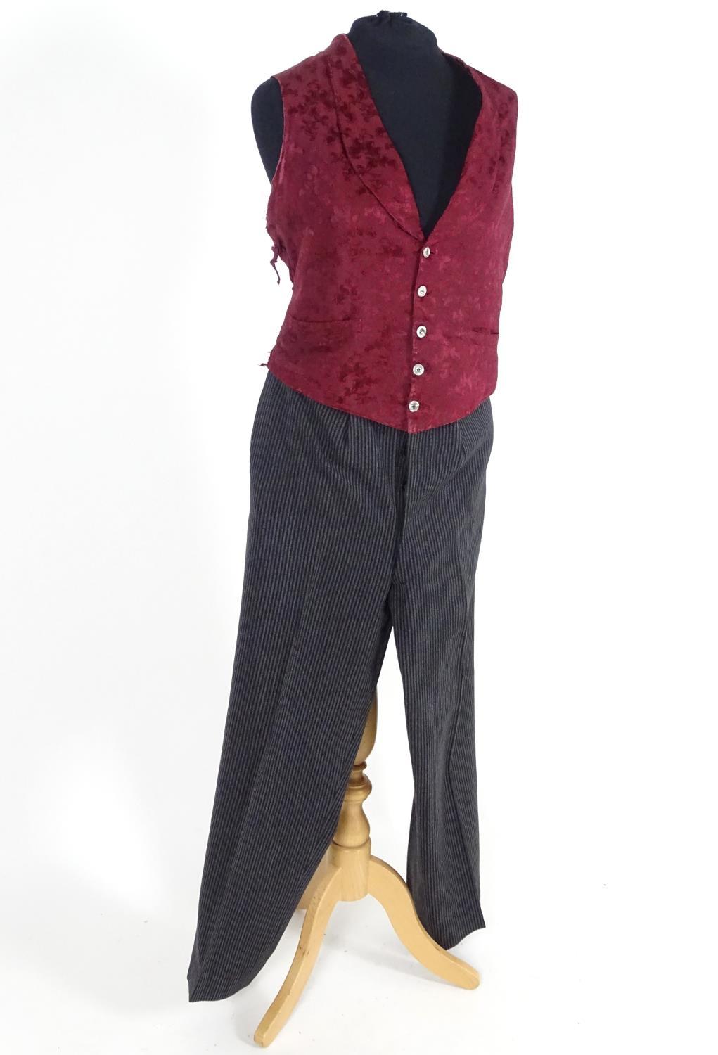 Vintage bespoke mens striped formal trousers with burgundy silk patterned waistcoat . Chest size 36" - Image 2 of 8