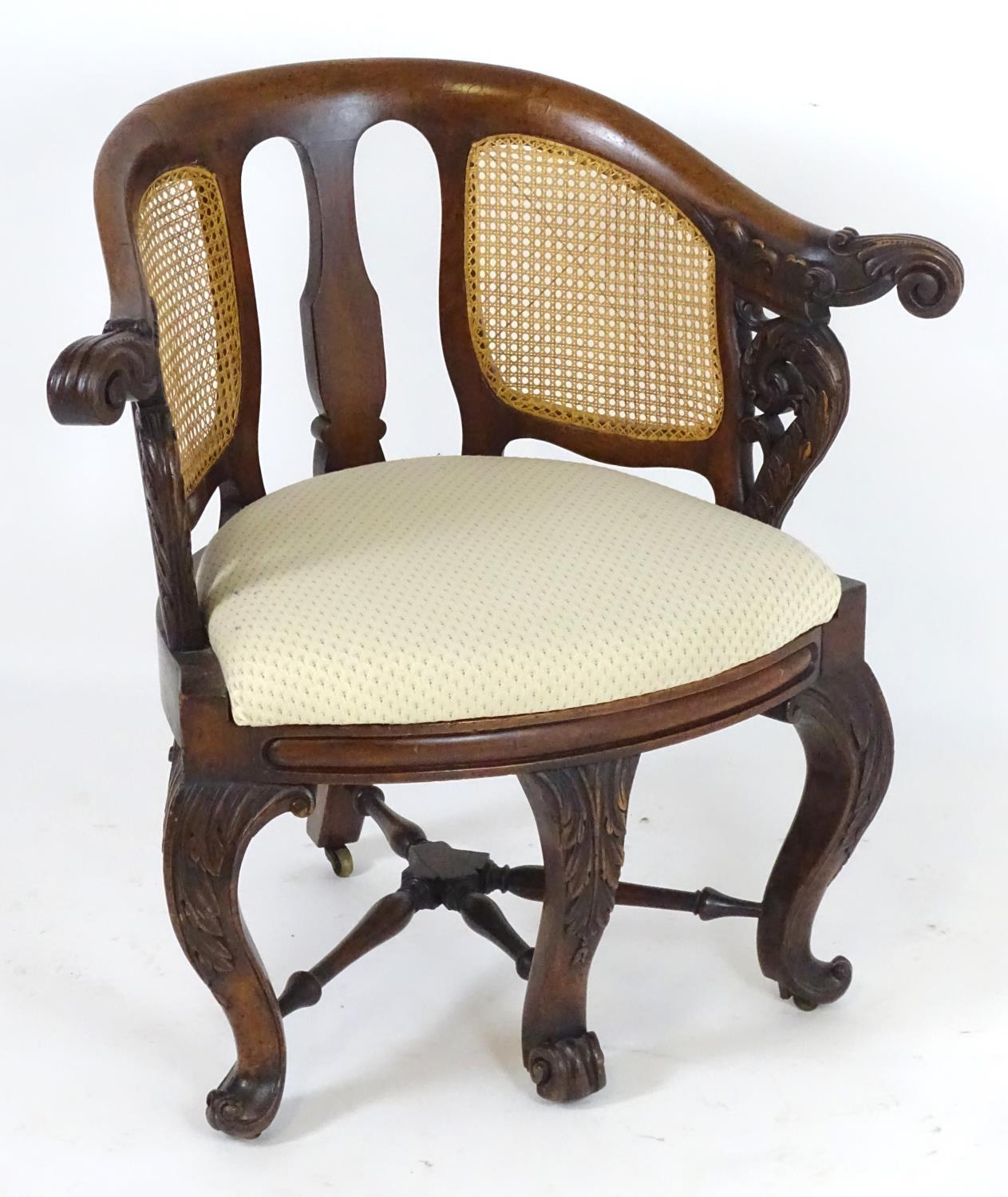 A 19thC mahogany Bürgermeister chairs with scrolled carved arms, double caned backrests and having - Bild 2 aus 6