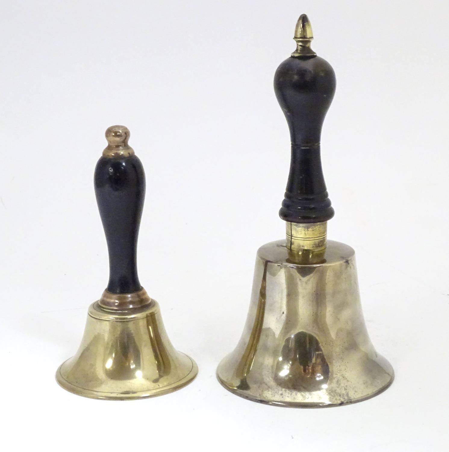 Two early 20thC brass hand bells with ebonised and turned handles. Largest approx. 7" high (2) - Image 4 of 5