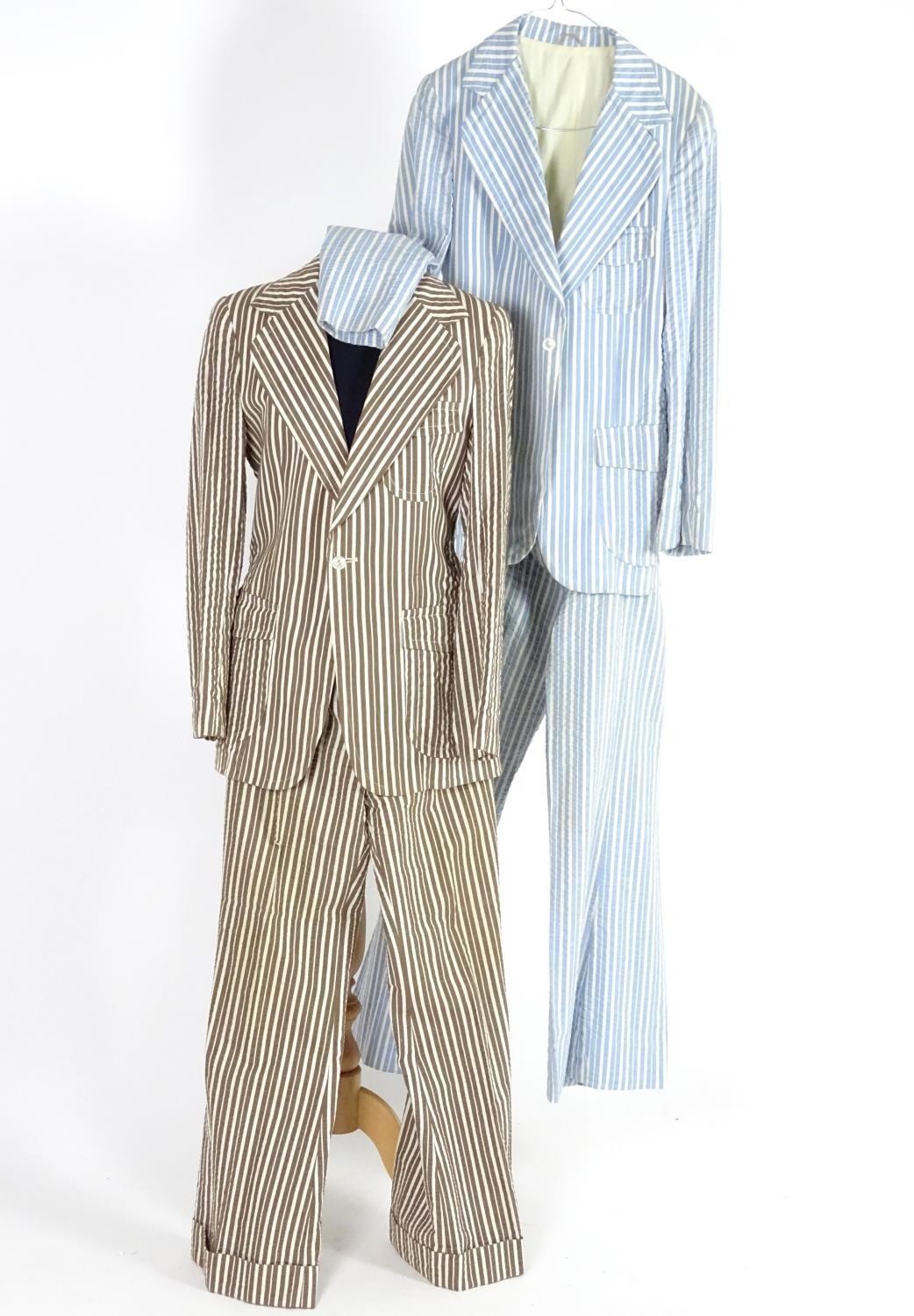 2 vintage stripy suits by Austins, a light brown and cream striped jacket and trousers along with