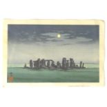 Yoshijiro Urushibara / Mokuchu (1888-1953), Woodblock print, Stonehenge by Moonlight, Seal and