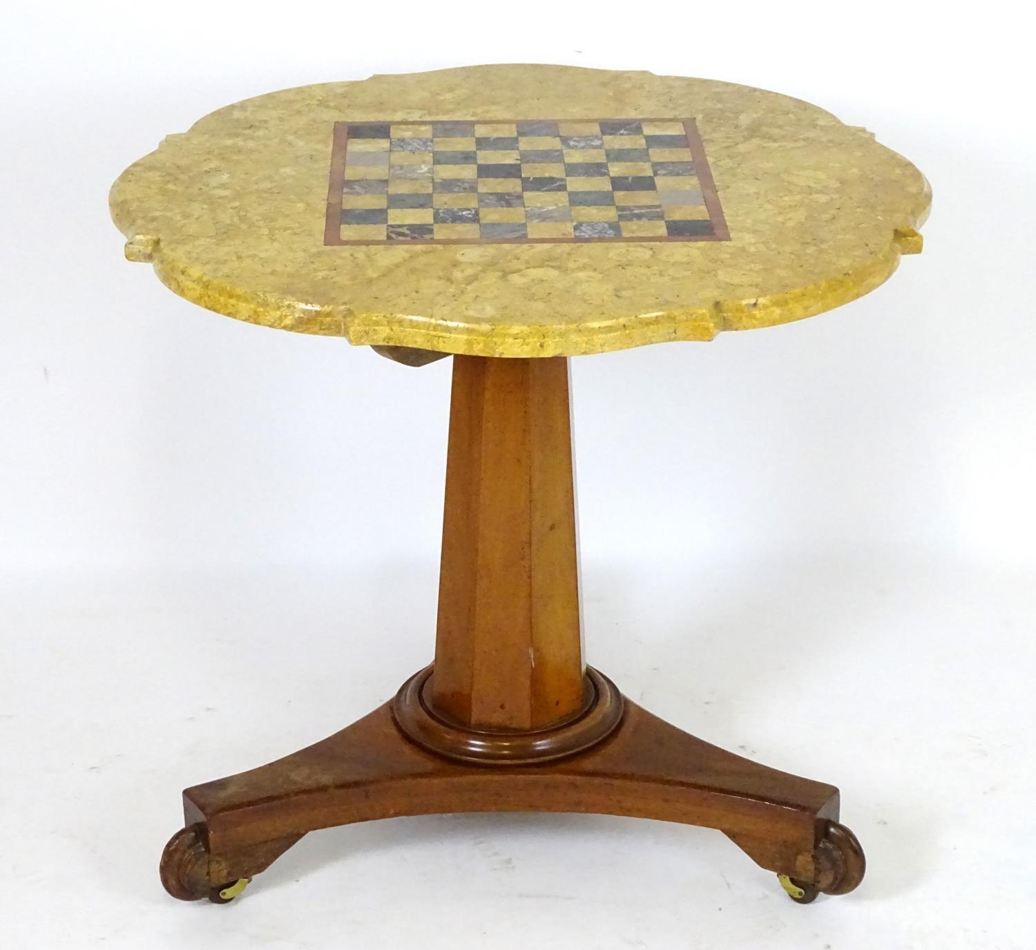 A Victorian marble top table with a shaped top and games board to centre, the bottom having a - Bild 3 aus 7