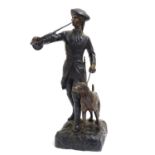 A 20thC cast bronze sculpture of a huntsman with a horn and a dog, after Lecourtier and Moreau's