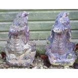 Garden & Architectural, Salvage: a pair of mid 20thC cast stone pillar ornaments formed as dragon