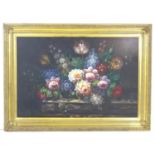 M. Aaran, XX, Continental School, Oil on canvas, A still life study of dahlias, tulips, peonies,