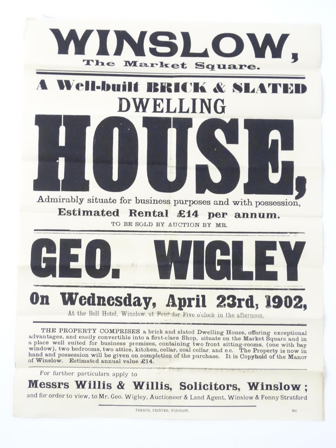 Buckinghamshire local interest : an Edwardian auction poster, ' Winslow, The Market Square... - Bild 3 aus 6