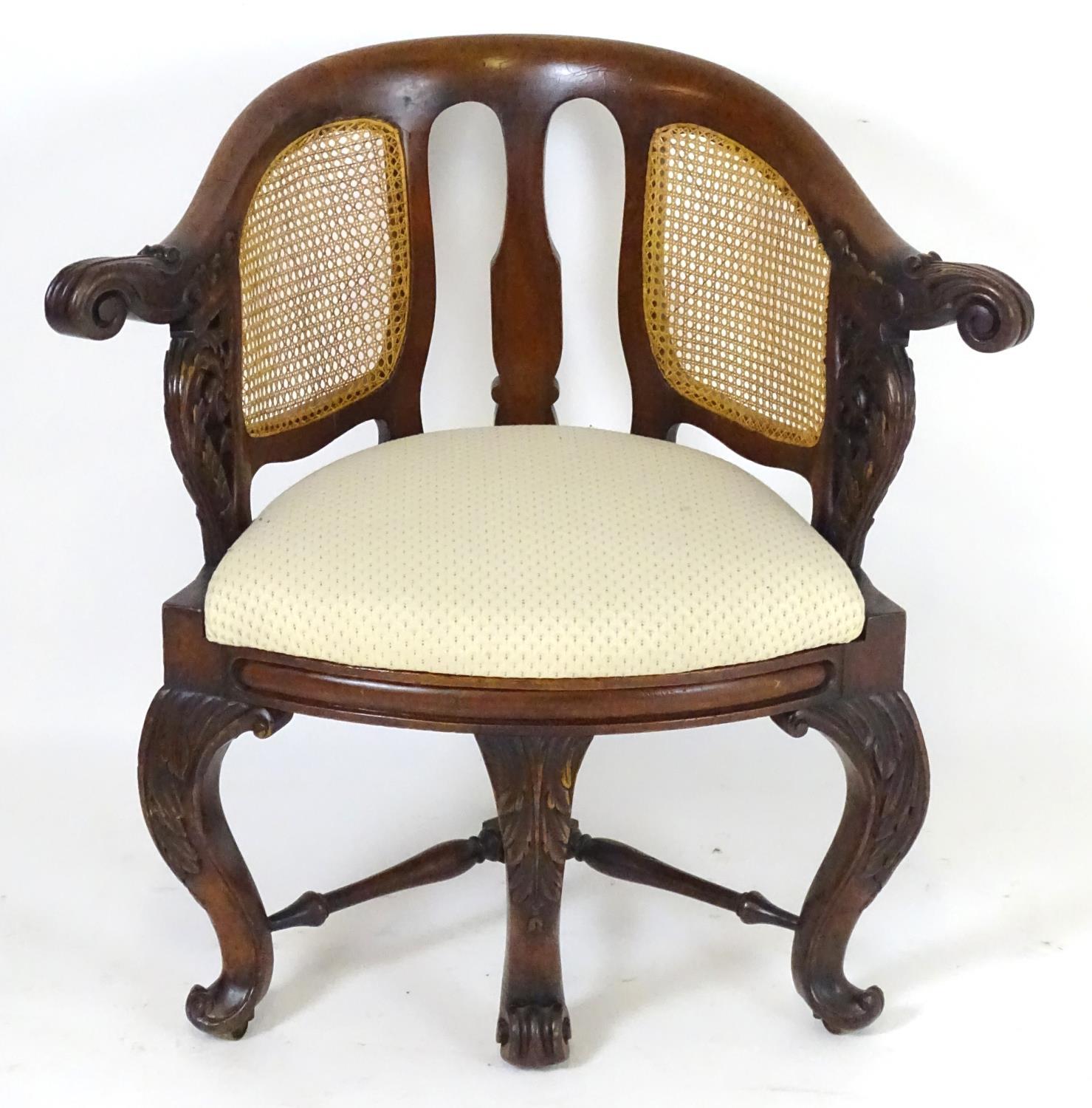 A 19thC mahogany Bürgermeister chairs with scrolled carved arms, double caned backrests and having - Bild 3 aus 6