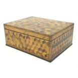 A 19thC work box with geometric parquetry specimen wood inlay, with a a hinged lid and lift out tray